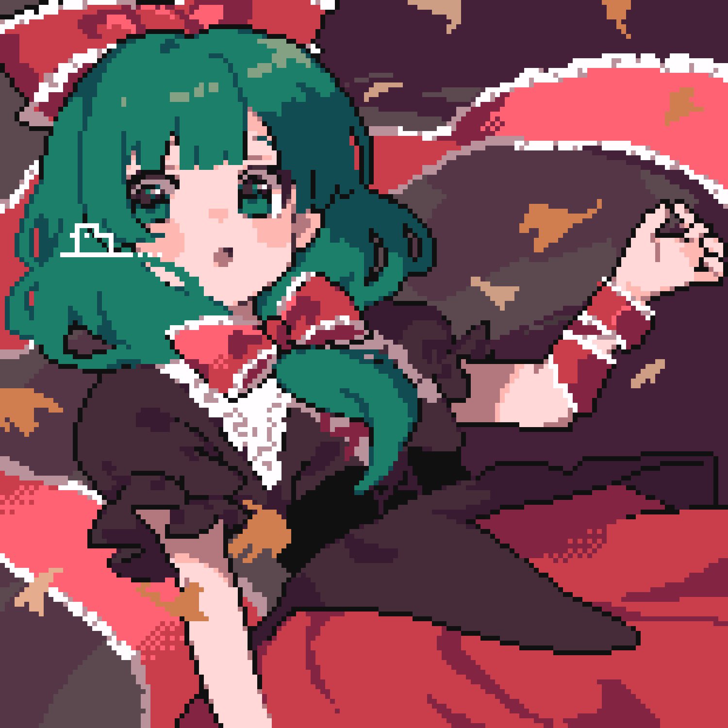 1girl ahiru_tokotoko arm_ribbon black_shirt bow commentary_request commission cross-laced_clothes front_ponytail green_eyes green_hair hair_bow hair_ribbon highres kagiyama_hina looking_at_viewer medium_hair open_mouth pixel_art red_bow red_ribbon red_skirt ribbon shirt short_sleeves skeb_commission skirt solo touhou