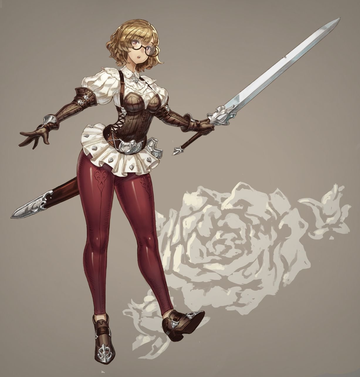 1girl belt blonde_hair brown_eyes brown_gloves bustier corset elbow_gloves english_commentary glasses gloves highres holding holding_sword holding_weapon looking_at_viewer nrcgray original pants puffy_sleeves scabbard semi-rimless_eyewear sheath short_hair solo sword under-rim_eyewear unsheathed weapon