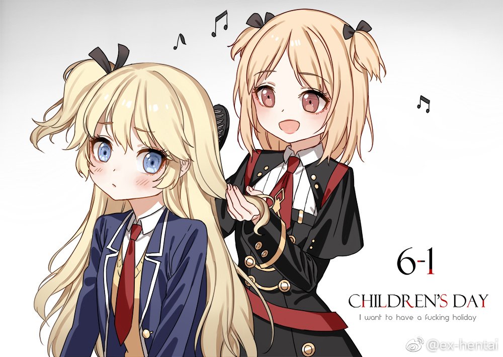 2girls :d aged_down behind_another black_dress black_ribbon blonde_hair blue_eyes blue_jacket blush brown_eyes brushing_another's_hair brushing_hair children's_day closed_mouth commentary_request dated dress english_text girls_frontline haijin hair_ribbon holding_another's_hair jacket korean_commentary long_hair medium_hair mp40_(girls'_frontline) mp40_(thumbelina)_(girls'_frontline) multiple_girls musical_note necktie official_alternate_costume one_side_up open_clothes open_jacket open_mouth profanity red_necktie ribbon shirt short_necktie simple_background smile super-shorty_(girls'_frontline) sweater_vest third-party_source weibo_logo weibo_username white_background white_shirt yellow_sweater_vest