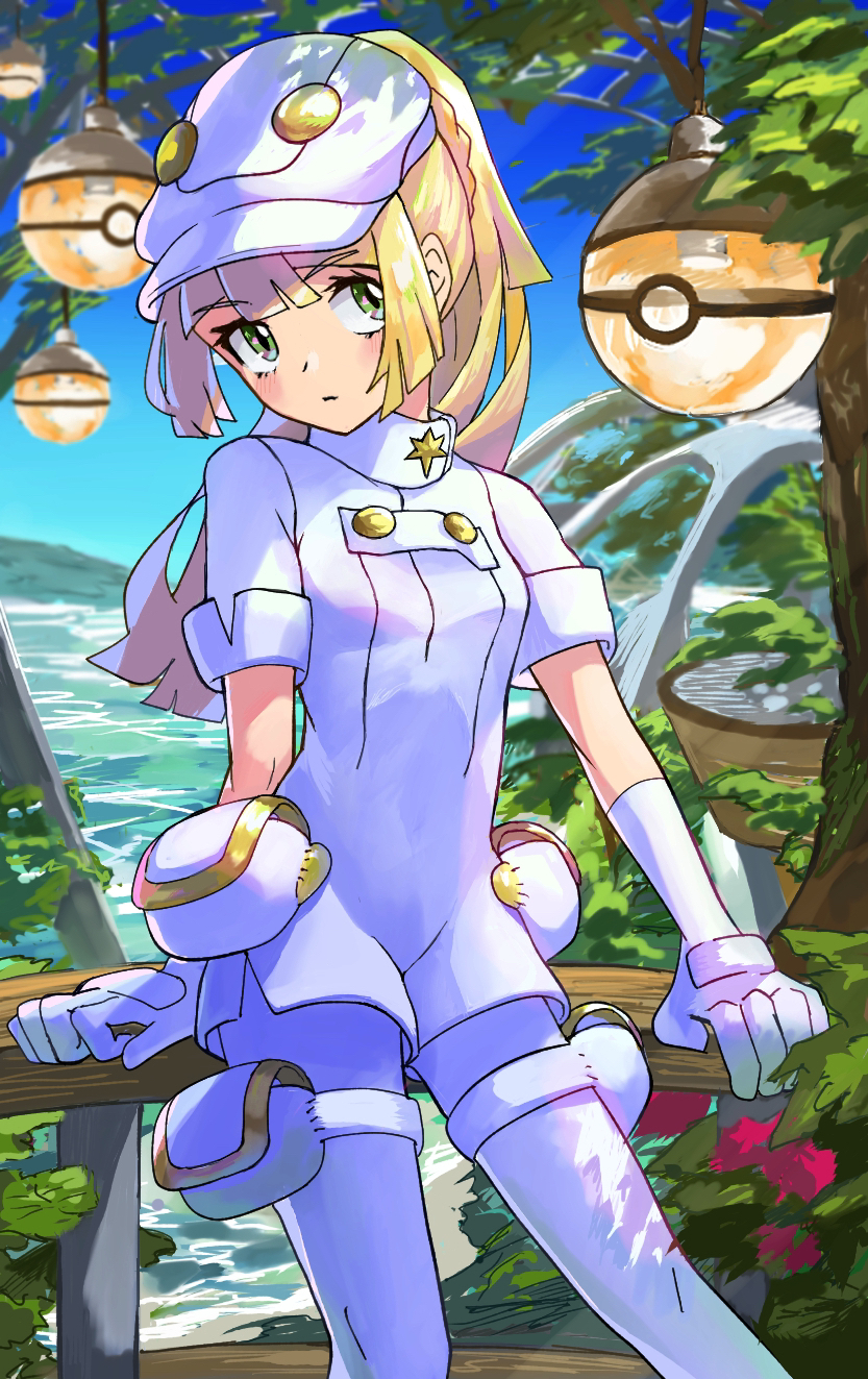 1girl aether_foundation_employee aether_foundation_employee_(cosplay) blonde_hair blue_sky closed_mouth cosplay cowboy_shot gloves green_eyes hat highres jumpsuit keina_(ke1na_h) lillie_(pokemon) long_hair looking_to_the_side ocean pantyhose pokemon pokemon_(game) pokemon_sm ponytail short_jumpsuit short_sleeves sky solo tree white_gloves white_headwear white_jumpsuit white_pantyhose