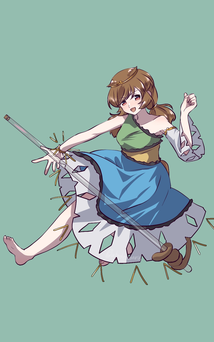 1girl ahodemoaru aqua_background bangle bare_shoulders barefoot blue_dress bracelet brown_hair circlet detached_sleeves dress frilled_dress frills green_dress highres jewelry low_twintails medium_hair monkey_girl monkey_tail multicolored_clothes multicolored_dress one-hour_drawing_challenge prehensile_tail red_eyes ruyi_jingu_bang single-shoulder_dress single_detached_sleeve single_sleeve single_strap sleeveless sleeveless_dress soles solo son_biten tail test_tube toes touhou twintails white_sleeves yellow_dress