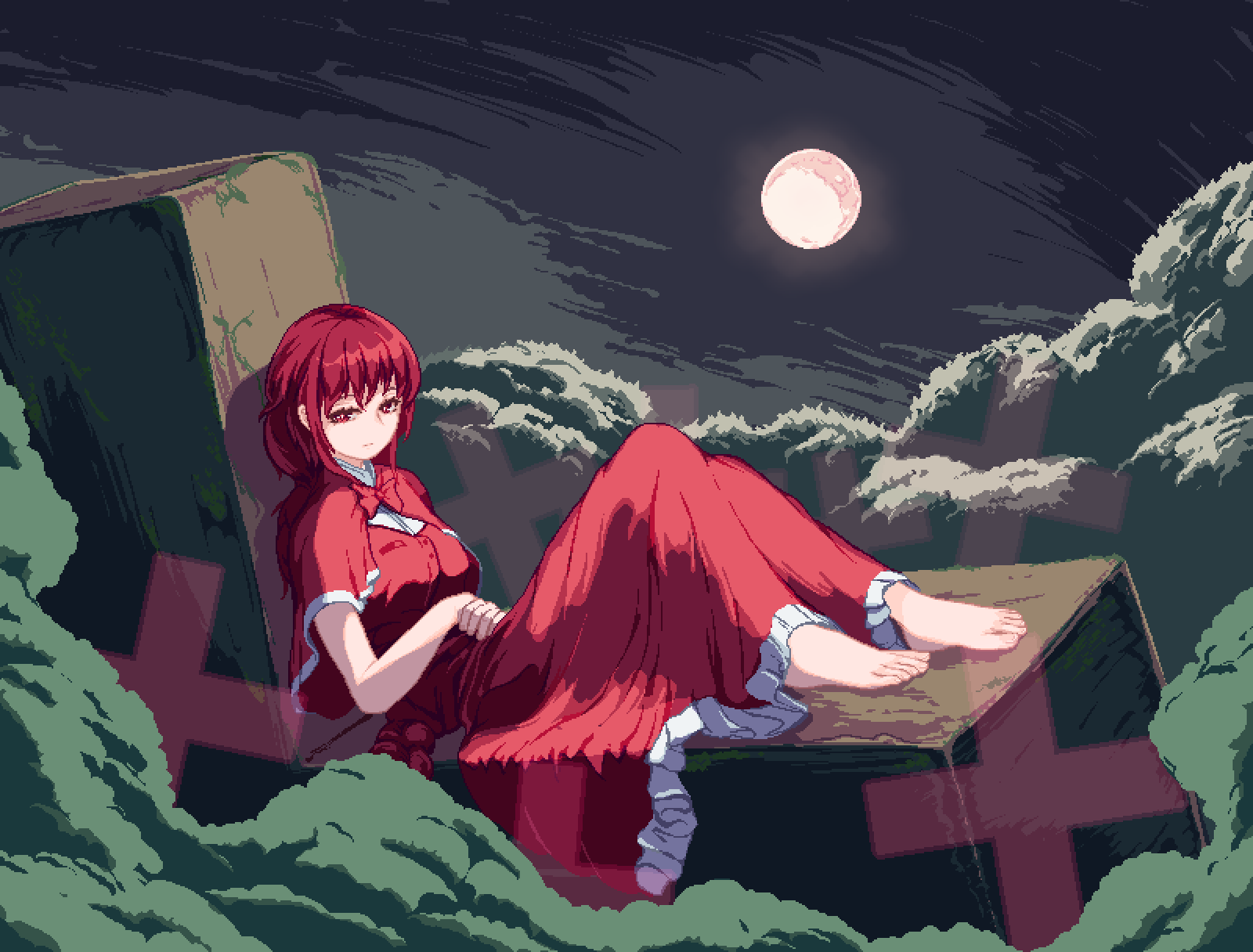 1girl barefoot bow bowtie braid breasts capelet commentary_request cross frilled_capelet frilled_skirt frills full_moon highres long_hair long_skirt looking_at_viewer lying medium_breasts moon nukekip okazaki_yumemi outdoors pixel_art red_bow red_bowtie red_capelet red_eyes red_skirt red_vest redhead shirt short_sleeves skirt solo touhou touhou_(pc-98) tree vest white_shirt