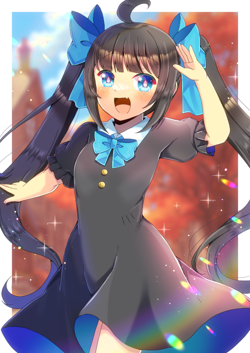 1girl :d ahoge arm_up black_dress black_hair blue_bow blue_eyes blurry blurry_background blush bow breasts collared_dress commentary_request commission depth_of_field dress frilled_sleeves frills hair_bow kou_hiyoyo long_hair looking_at_viewer original puffy_short_sleeves puffy_sleeves short_sleeves skeb_commission small_breasts smile solo twintails very_long_hair