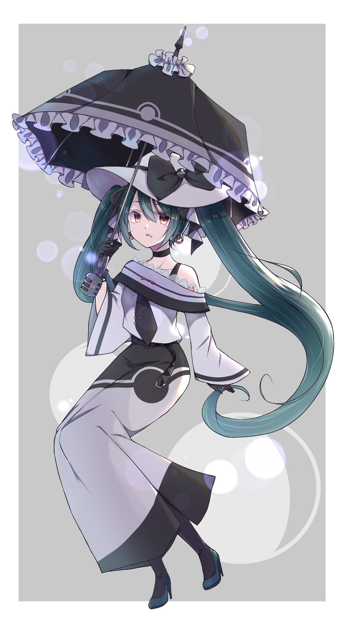 1girl black_bow black_choker black_gloves black_pantyhose bow choker commentary dark_miku_(project_voltage) earrings gloves green_footwear green_hair hat hat_bow hatsune_miku high_heels highres holding holding_umbrella jewelry long_hair long_skirt long_sleeves looking_at_viewer luxury_ball microphone off_shoulder pantyhose poke_ball pokemon project_voltage red_eyes ring siquartz22 skirt twintails umbrella uneven_twintails very_long_hair vocaloid