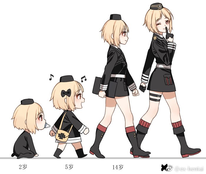1girl :d age_progression baby black_bow black_headwear black_jacket black_necktie blonde_hair boots bow brown_eyes censored_text clenched_hands closed_mouth commentary_request cross finger_to_mouth from_side full_body garrison_cap girls_frontline gloves haijin hair_bow half_gloves hat holding holding_tablet_pc iron_cross jacket kneeling korean_commentary looking_at_viewer looking_to_the_side mp40_(girls'_frontline) musical_note necktie one_eye_closed open_mouth pacifier profile red_socks short_hair simple_background smile socks tablet_pc third-party_source walking weibo_logo weibo_username white_background yellow_bag
