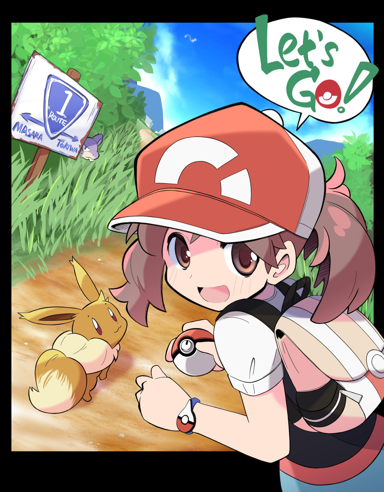 1girl :3 :d backpack bag baseball_cap blue_sky brown_eyes brown_hair clouds day eevee elaine_(pokemon) grass hat highres holding holding_poke_ball kanto_route_1 mew_(pokemon) open_mouth outdoors path poke_ball poke_ball_(basic) pokemon pokemon_(creature) pokemon_(game) pokemon_lgpe ponytail rascal rattata red_headwear short_hair short_sleeves sign sky smile solo speech_bubble two-tone_headwear white_headwear