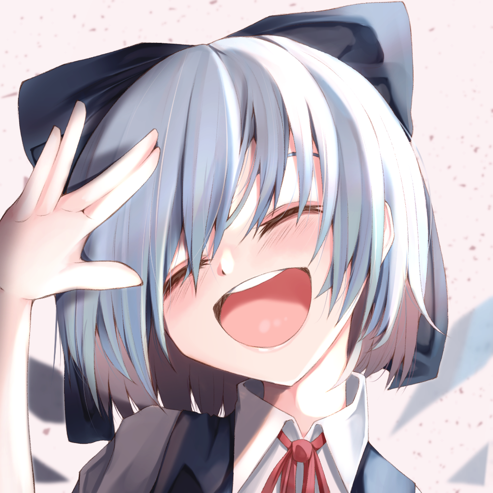 1girl :d ^_^ arm_up blue_bow blue_hair blush bow cirno close-up closed_eyes collared_shirt commentary_request eyebrows_hidden_by_hair facing_viewer hair_bow hand_on_own_head happy head_tilt neck_ribbon open_mouth partial_commentary portrait red_ribbon ribbon salute shirt short_hair smile solo teeth touhou tsune_(tune) upper_teeth_only vulcan_salute white_shirt