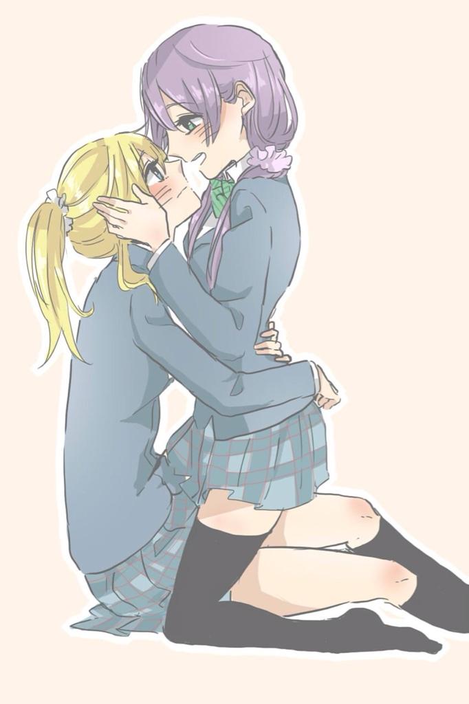 2girls ayase_eli black_socks black_thighhighs blonde_hair blue_eyes blue_jacket blue_skirt blush bow bowtie brown_background closed_mouth collared_shirt commentary eye_contact green_bow green_bowtie green_eyes hair_ornament hair_scrunchie hand_on_another's_head jacket kashikaze kneehighs long_hair long_sleeves looking_at_another love_live! love_live!_school_idol_project low_twintails multiple_girls open_mouth otonokizaka_school_uniform outline plaid plaid_skirt ponytail purple_hair purple_scrunchie school_uniform scrunchie shirt simple_background sitting skirt socks striped striped_bow striped_bowtie teeth thigh-highs toujou_nozomi twintails upper_teeth_only white_outline white_scrunchie white_shirt yuri zettai_ryouiki