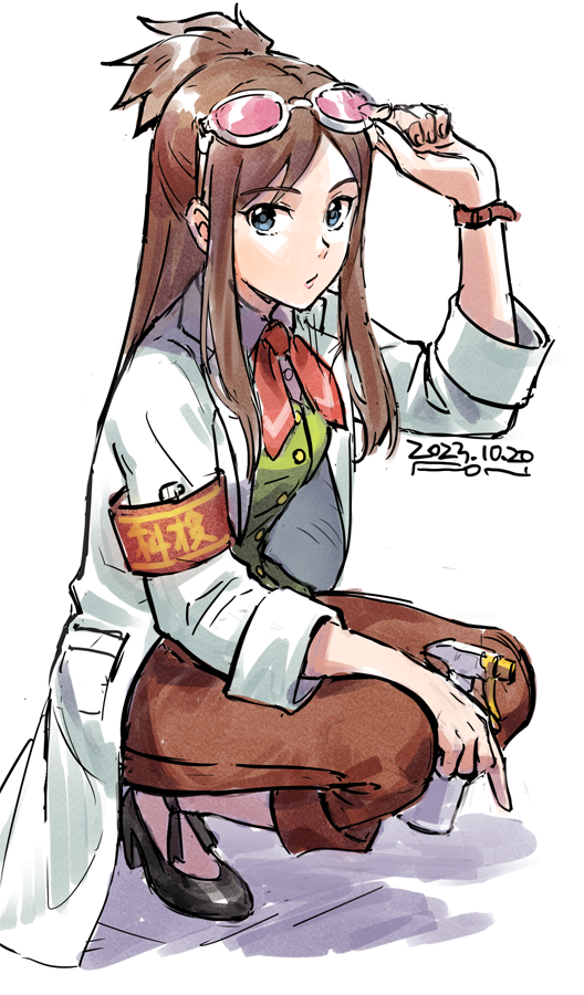 1girl ace_attorney adjusting_eyewear aqua_eyes arm_up armband black_footwear bottle brown_armband brown_hair brown_pants buttons capri_pants closed_mouth coat collared_shirt dated ema_skye ema_skye_(aa6) eyewear_on_head fon-due_(fonfon) green_vest half_updo high_heels lapels long_hair looking_at_viewer neckerchief open_clothes open_coat pants phoenix_wright:_ace_attorney_-_spirit_of_justice pink-tinted_eyewear print_armband red_neckerchief shirt sidelocks simple_background sleeves_rolled_up solo spray_bottle squatting swept_bangs text_print tinted_eyewear vest watch watch white-framed_eyewear white_background white_coat