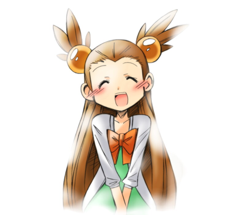 1girl :d ^_^ aqua_dress blush bow closed_eyes collarbone dress grey_jacket hair_bobbles hair_ornament jacket jasmine_(pokemon) long_hair open_clothes open_jacket open_mouth orange_bow pokemon pokemon_(game) pokemon_hgss rascal simple_background smile solo straight-on teeth two_side_up upper_teeth_only v_arms very_long_hair white_background