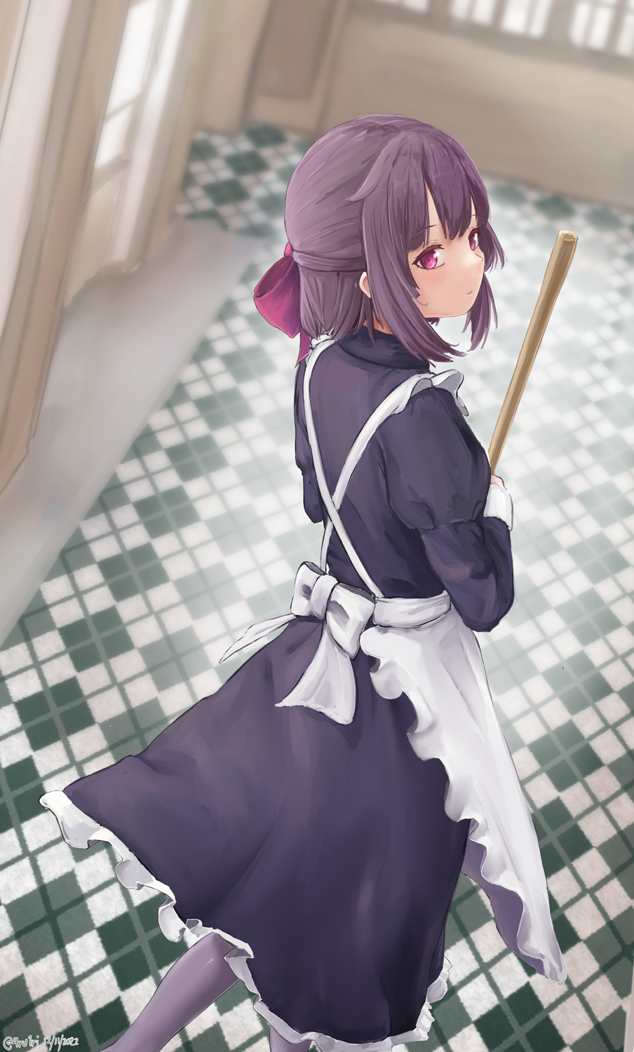1girl alternate_costume apron back_bow black_dress blurry blurry_background bow broom checkered_floor dated dress enmaided fallenshadow hair_bow highres holding holding_broom indie_virtual_youtuber maid pantyhose pink_bow purple_hair rurikon signature solo violet_eyes virtual_youtuber white_apron white_bow window