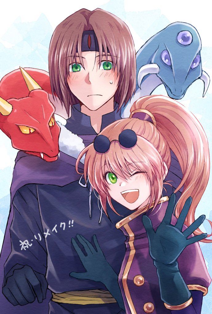 1boy 1girl :d ashton_anchors black_gloves blush brown_hair cape closed_mouth dragon gloves green_eyes long_hair looking_at_viewer one_eye_closed open_mouth ponytail precis_neumann rice_(rlce229) simple_background smile star_ocean star_ocean_the_second_story