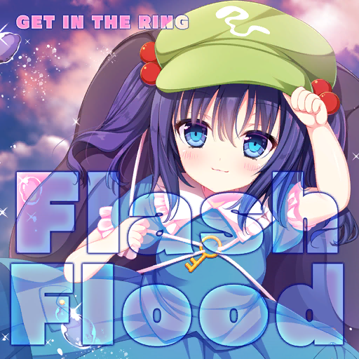 1girl :3 album_cover backpack bag black_bag blue_eyes blue_hair blue_shirt blue_skirt cabbie_hat circle_skirt clenched_hand closed_mouth clothes_lift clouds cloudy_sky collar collared_shirt cover english_text eyelashes frilled_shirt_collar frilled_sleeves frills game_cg get_in_the_ring green_headwear hair_bobbles hair_ornament hand_on_headwear hat kawashiro_nitori key light_blush looking_at_viewer medium_hair miniskirt official_art puffy_short_sleeves puffy_sleeves shirt shiwasu_horio short_sleeves skirt skirt_lift skirt_set sky smile solo sparkle touhou touhou_cannonball twintails upper_body water_drop white_collar