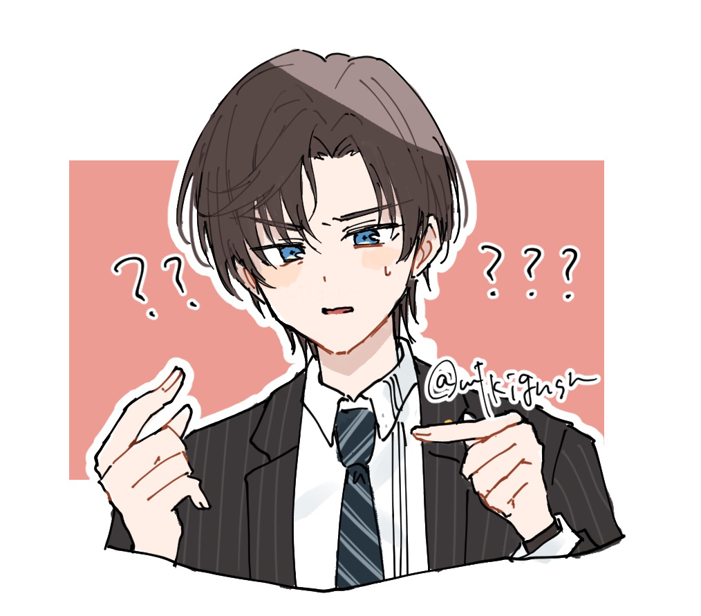 1boy ? artem_wing_(tears_of_themis) black_jacket black_necktie blue_eyes blush brown_hair collared_shirt cropped_torso diagonal-striped_necktie hands_up jacket long_sleeves looking_at_viewer male_focus mtkignsn necktie outline parted_bangs parted_lips pink_background pinstripe_pattern shirt solo striped sweat tears_of_themis thick_eyebrows twitter_username two-tone_background upper_body v-shaped_eyebrows white_background white_outline white_shirt