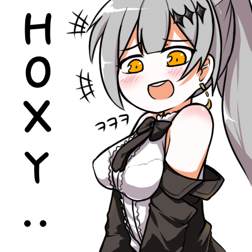 +++ 1girl :d bad_id bad_pixiv_id bare_shoulders black_bow black_bowtie black_jacket blush bow bowtie breasts commentary earrings english_commentary five-seven_(girls'_frontline) girls_frontline grey_hair hair_ornament hoxy? jacket jewelry korean_text large_breasts laughing long_hair long_sleeves looking_at_viewer lowres off_shoulder open_mouth pelican_(s030) ponytail romaja_text shirt simple_background sleeveless sleeveless_shirt smile smug solo teeth transparent_background upper_body upper_teeth_only white_shirt yellow_eyes