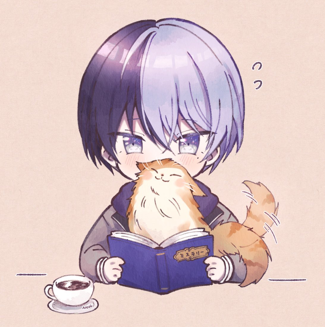 1boy aoyagi_touya artist_name blue_eyes blue_hair blush book cat coffee_cup commentary_request covered_mouth cup dark_blue_hair disposable_cup holding holding_book long_sleeves male_focus mole mole_under_eye multicolored_hair nozu63 open_book project_sekai saucer short_hair solo split-color_hair tail tail_wagging two-tone_hair upper_body