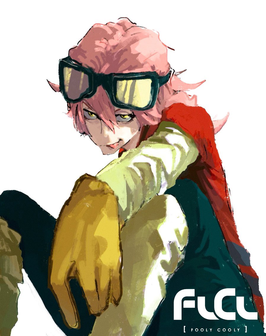 1girl boots flcl gloves goggles goggles_on_head green_eyes hair_between_eyes haruhara_haruko lindada_1004 pink_hair simple_background sitting solo tongue tongue_out white_background white_footwear yellow_gloves