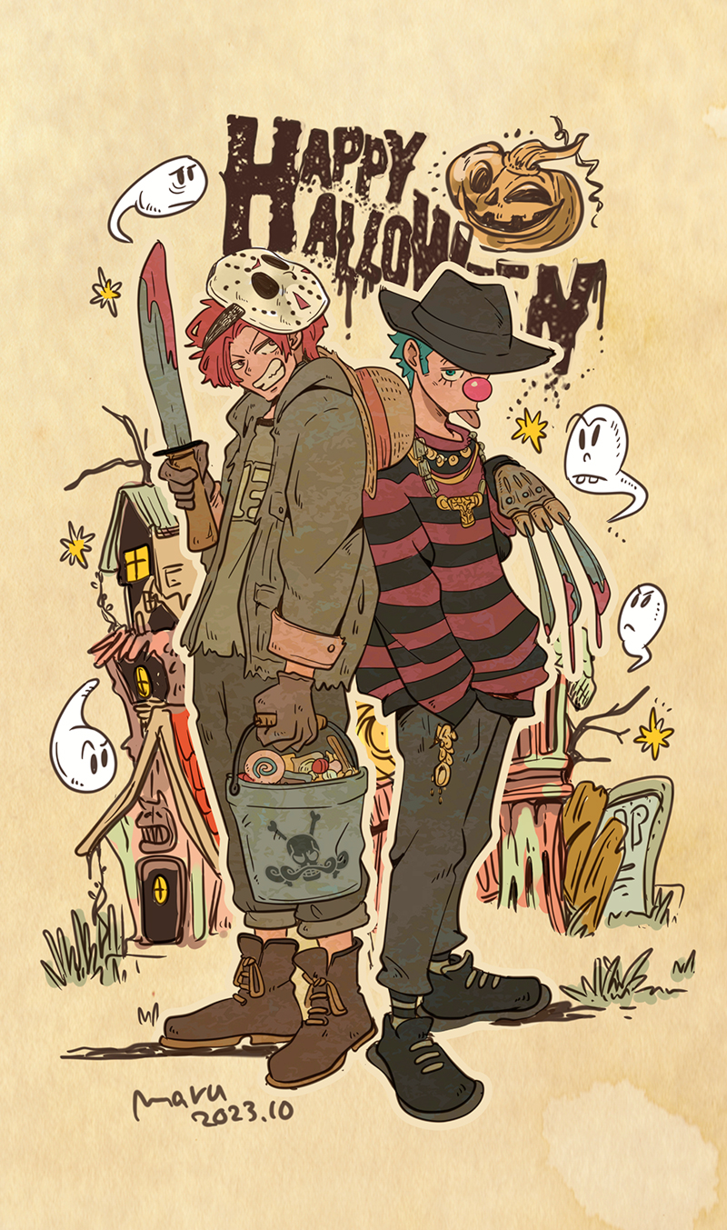 2boys a_nightmare_on_elm_street blood blood_on_weapon blue_eyes blue_hair brown_eyes brown_gloves bucket buggy_the_clown candy commentary_request cosplay crossover dated english_text food freddy_krueger freddy_krueger_(cosplay) friday_the_13th full_body ghost gloves halloween halloween_bucket halloween_costume hand_in_pocket hat hat_on_back highres holding holding_bucket holding_weapon jason_voorhees jason_voorhees_(cosplay) jewelry machete mask mask_on_head multiple_boys necklace one_piece pumpkin redhead shack shanks_(one_piece) short_hair signature skeleton_info skull_and_crossbones smile standing straw_hat teeth tombstone tongue tongue_out weapon