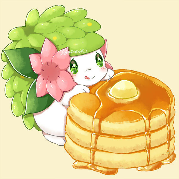 :q aimi_(aimia492) artist_name blush brown_background butter closed_mouth commentary_request flower food full_body green_eyes licking_lips no_humans pancake pancake_stack pink_flower pokemon pokemon_(creature) shaymin shaymin_(land) simple_background smile solo syrup tongue tongue_out twitter_username