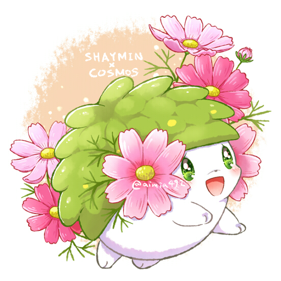 :d aimi_(aimia492) artist_name blush bud character_name commentary_request cosmos_(flower) flower full_body green_eyes looking_at_viewer no_humans open_mouth orange_background pink_flower pokemon pokemon_(creature) shaymin shaymin_(land) simple_background smile solo twitter_username two-tone_background white_background