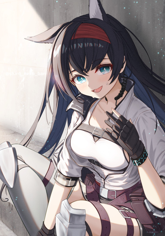 1girl animal_ear_fluff animal_ears arknights belt black_gloves black_hair blaze_(arknights) blue_eyes cat_ears commentary_request earpiece gloves hairband jacket looking_at_viewer open_mouth partially_fingerless_gloves partially_unzipped red_hairband shironekoban smile solo tank_top white_jacket white_tank_top