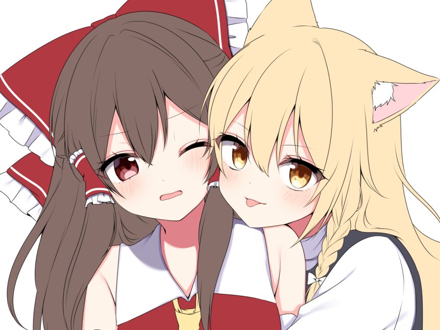 2girls :p animal_ear_fluff animal_ears bare_shoulders black_vest blonde_hair blush bow braid brown_eyes brown_hair eyes_visible_through_hair frilled_bow frilled_hair_tubes frills hair_between_eyes hair_bow hair_tubes hakurei_reimu hug kemonomimi_mode kirisame_marisa long_hair looking_at_viewer multiple_girls one_eye_closed open_mouth portrait red_bow red_shirt shinonome_asu shirt side_braid sidelocks simple_background single_braid sleeveless sleeveless_shirt tongue tongue_out touhou turtleneck unfinished vest white_background white_bow white_shirt yellow_eyes