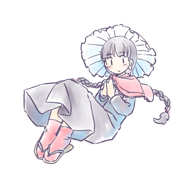 1girl ajirogasa black_hair blush braid capelet closed_mouth dress full_body grey_dress hat long_hair long_sleeves looking_at_viewer rangycrow red_capelet red_socks simple_background smile socks solo touhou twin_braids white_background yatadera_narumi
