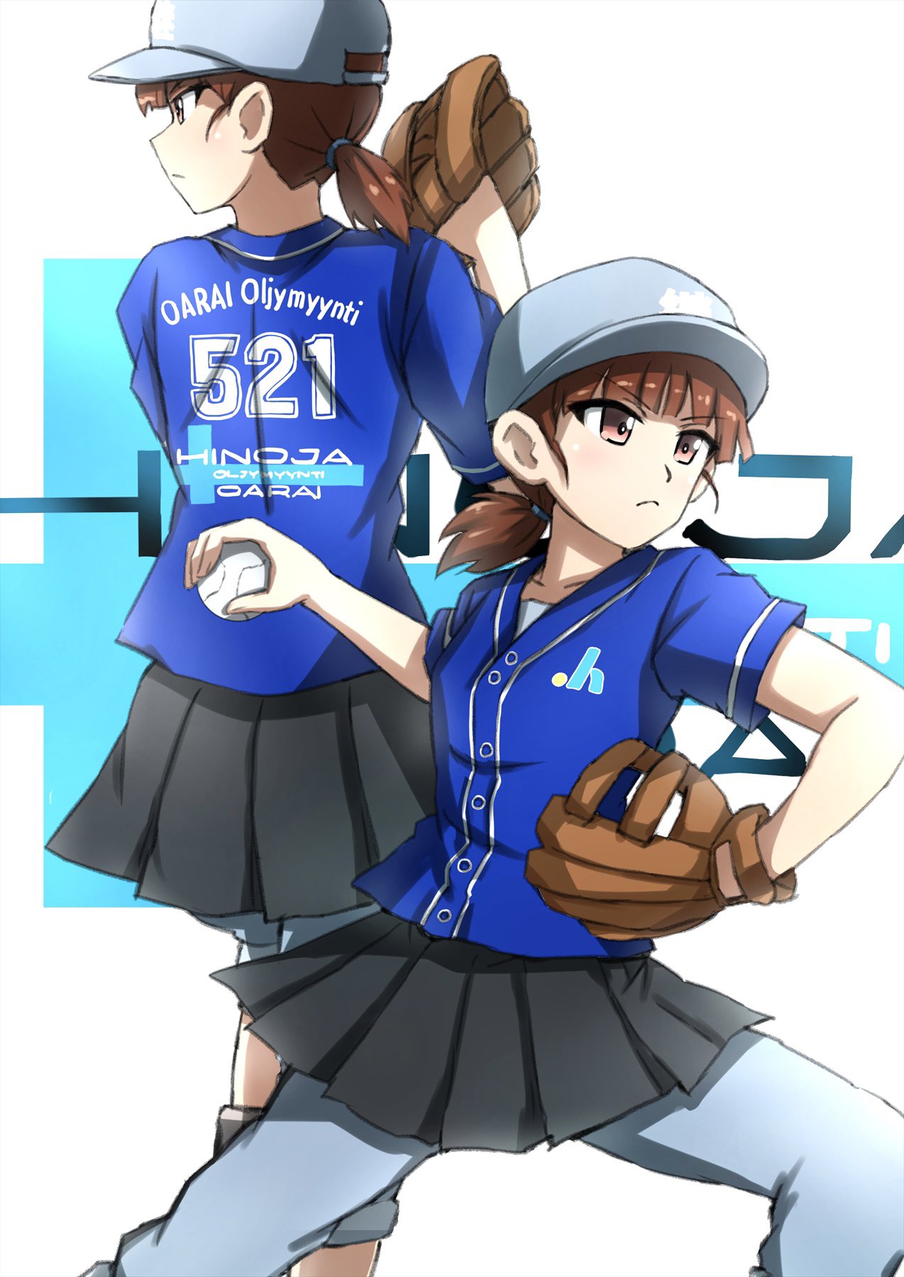 1girl ball baseball baseball_cap baseball_mitt blue_headwear blue_pants blue_shirt blunt_bangs closed_mouth clothes_writing commentary finnish_text frown girls_und_panzer hair_tie hat highres holding holding_ball looking_to_the_side low_twintails mikko_(girls_und_panzer) omachi_(slabco) pants pants_under_skirt red_eyes redhead romaji_text shirt short_hair short_sleeves short_twintails standing throwing track_pants twintails