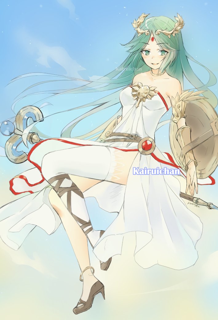 1girl anna_lee armlet artist_name bare_shoulders belt breasts chiton dress english_commentary eyebrows_hidden_by_hair forehead_jewel full_body gem green_eyes green_hair holding holding_staff holding_weapon jewelry kid_icarus kid_icarus_uprising laurel_crown long_hair looking_at_viewer mage_staff medium_breasts neck_ring palutena shield side_slit signature single_thighhigh sky sleeveless sleeveless_dress smile solo staff strapless strapless_dress thigh-highs vambraces very_long_hair weapon white_dress