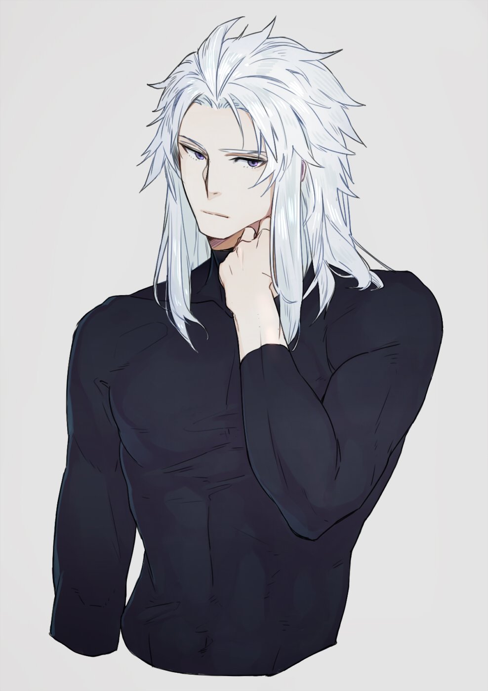 1boy black_shirt final_fantasy final_fantasy_i grey_background hand_to_own_face hand_up highres long_hair long_sleeves male_focus nini_tw99 serious shirt simple_background skin_tight solo turtleneck violet_eyes warrior_of_light_(ff1) white_hair