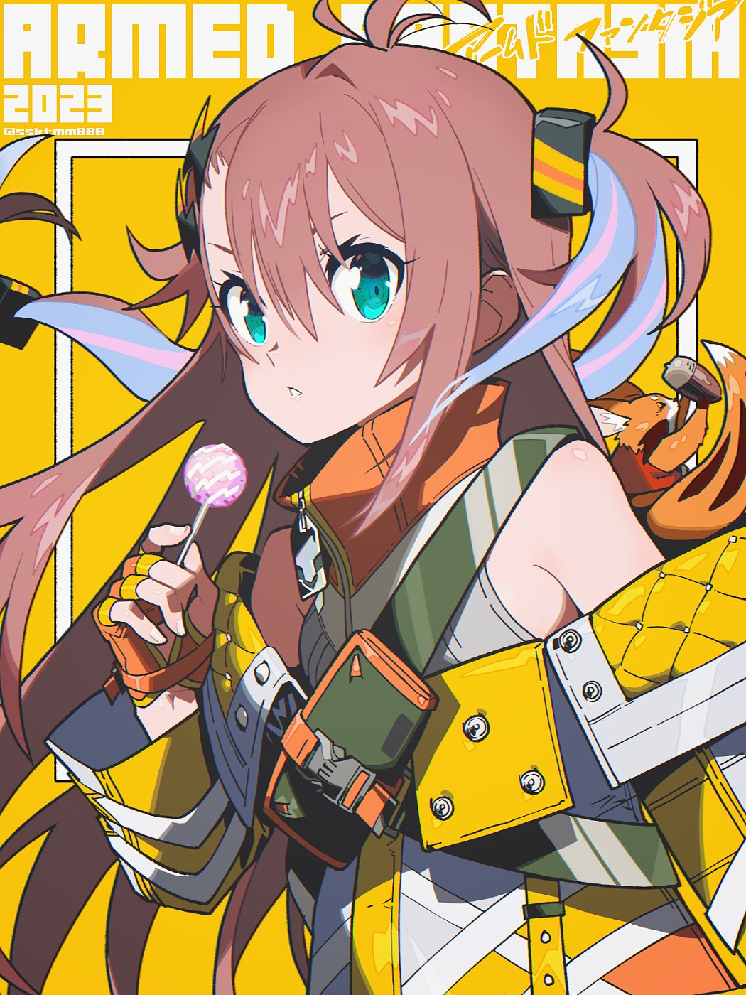 1girl armed_fantasia brown_hair candy coat creature fingerless_gloves food gloves green_eyes highres holding holding_candy holding_food holding_lollipop lollipop long_hair looking_at_viewer multicolored_hair purple_hair sasaki_tomomi side_ponytail soleil_ainsley strisch_(armed_fantasia) two-tone_hair upper_body white_coat