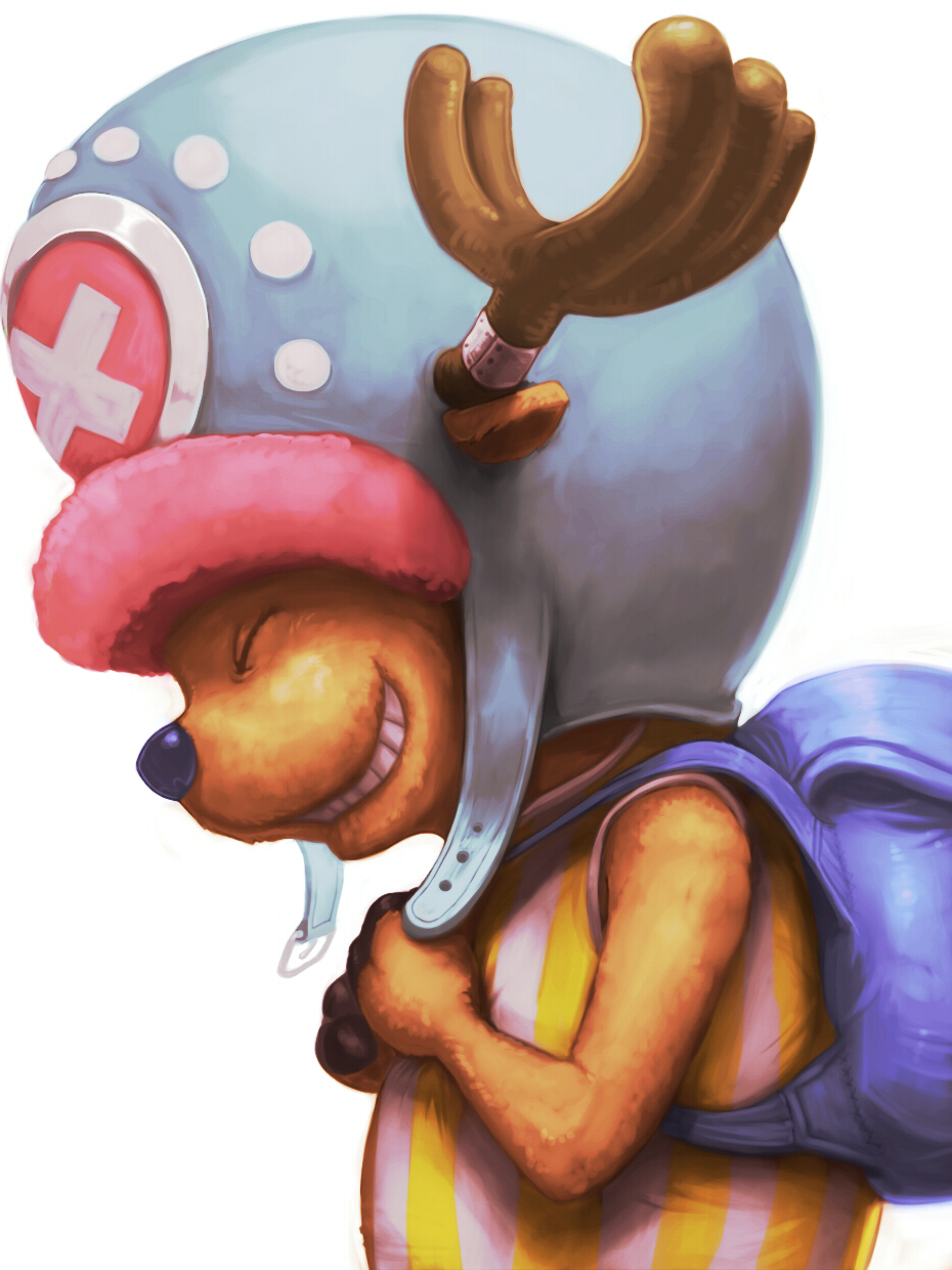 1boy animal_ears antlers antlers_through_headwear backpack bag closed_eyes commentary from_side hat highres male_focus meta_gun one_piece reindeer_antlers simple_background smile solo teeth tony_tony_chopper white_background