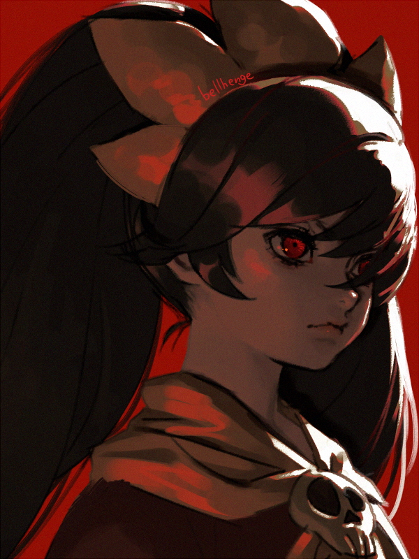 1girl artist_name ashley_(warioware) bellhenge black_hair chin closed_mouth commentary dress english_commentary expressionless eyelashes headdress limited_palette long_hair looking_ahead red_background red_dress red_eyes red_theme shawl skull_brooch solo twintails upper_body warioware white_shawl