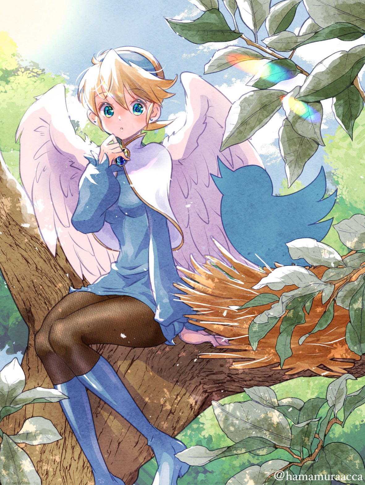 1girl angel_wings artist_name blonde_hair blue_eyes blue_footwear boots breasts breath_of_fire breath_of_fire_iv clouds dress earrings feathered_wings feet_out_of_frame hairband hamamuraacca highres jewelry knee_boots nest nina_(breath_of_fire_iv) pantyhose short_hair solo twitter twitter_logo twitter_username very_short_hair white_wings wings