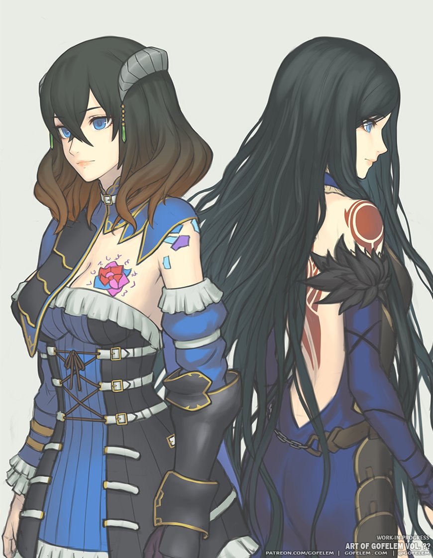 2girls asymmetrical_sleeves back_tattoo backless_outfit bare_back bare_shoulders black_hair bloodstained:_ritual_of_the_night bloodstained_(series) breast_tattoo castlevania castlevania:_order_of_ecclesia crossover detached_sleeves flower_tattoo gofelem gothic horns long_hair miriam_(bloodstained) mismatched_sleeves multicolored_hair multiple_girls pale_skin shanoa tattoo very_long_hair