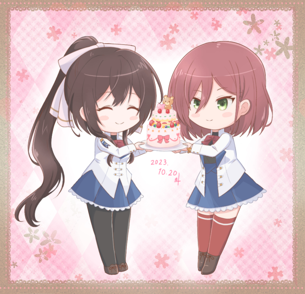 2girls ^_^ argyle argyle_background artist_name assault_lily black_pantyhose blue_skirt blush border bow bowtie brown_border brown_bow brown_footwear brown_hair buttons cake checkered_background chibi closed_eyes closed_mouth commentary_request dated facing_another floral_background food frilled_skirt frills full_body green_eyes hair_between_eyes hair_bow hands_up hatsukano_you herensuge_girls_academy_school_uniform high_ponytail holding holding_plate inoguchi_minto jacket lace_border long_bangs long_hair long_sleeves looking_at_another medium_hair miniskirt multiple_girls pantyhose pink_background plate ponytail red_bow red_bowtie red_thighhighs redhead school_uniform serizawa_chikaru shoes skirt smile standing thigh-highs very_long_hair white_jacket zettai_ryouiki