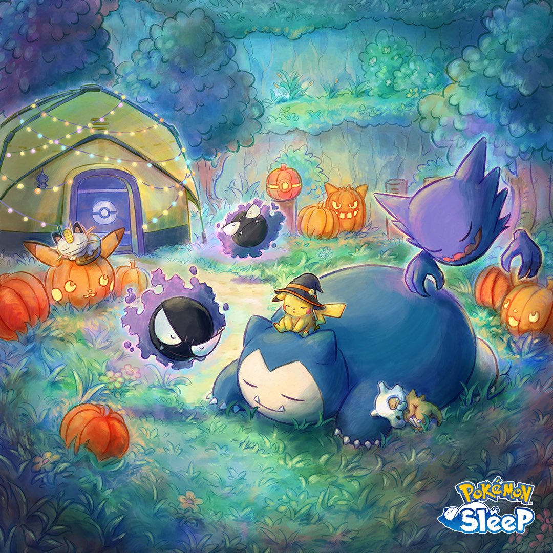 black_headwear clothed_pokemon commentary_request cubone floating gastly gengar grass hat haunter jack-o'-lantern logo meowth night no_bra official_art outdoors pikachu pokemon pokemon_(creature) pokemon_(game) pokemon_sleep pumpkin sleeping snorlax sowsow string_lights tent tree witch_hat