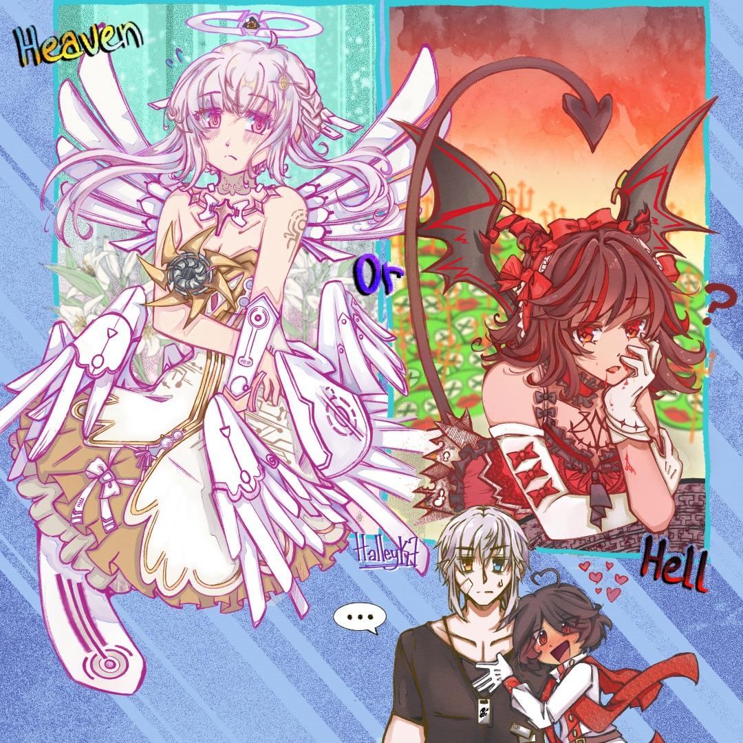 ... 2boys 2girls ahoge artist_name asymmetrical_gloves bare_shoulders black_shirt blood blood_on_arm blood_on_face blood_on_hands blue_eyes blush braid brown_hair character_request check_character commandant_(punishing:_gray_raven) demon_horns demon_tail demon_wings dog_tags dress elbow_gloves english_commentary english_text french_braid frilled_dress frills frog gloves grey_hair halleyker halo heart heart_ahoge heterochromia horns liv:_empyrea_(wings_of_dawn)_(punishing:_gray_raven) long_hair long_tail lucia:_plume_(punishing:_gray_raven) maid_headdress mechanical_halo mechanical_parts mechanical_wings medium_hair military_uniform multicolored_hair multiple_boys multiple_girls open_mouth orange_eyes pink_eyes punishing:_gray_raven red_dress red_eyes red_horns red_ribbon redhead ribbon shirt short_hair short_hair_with_long_locks short_sleeves sidelocks streaked_hair suspenders sweatdrop symbol-shaped_pupils tail traditional_media uniform watanabe:_nightblade_(punishing:_gray_raven) white_dress white_gloves wings