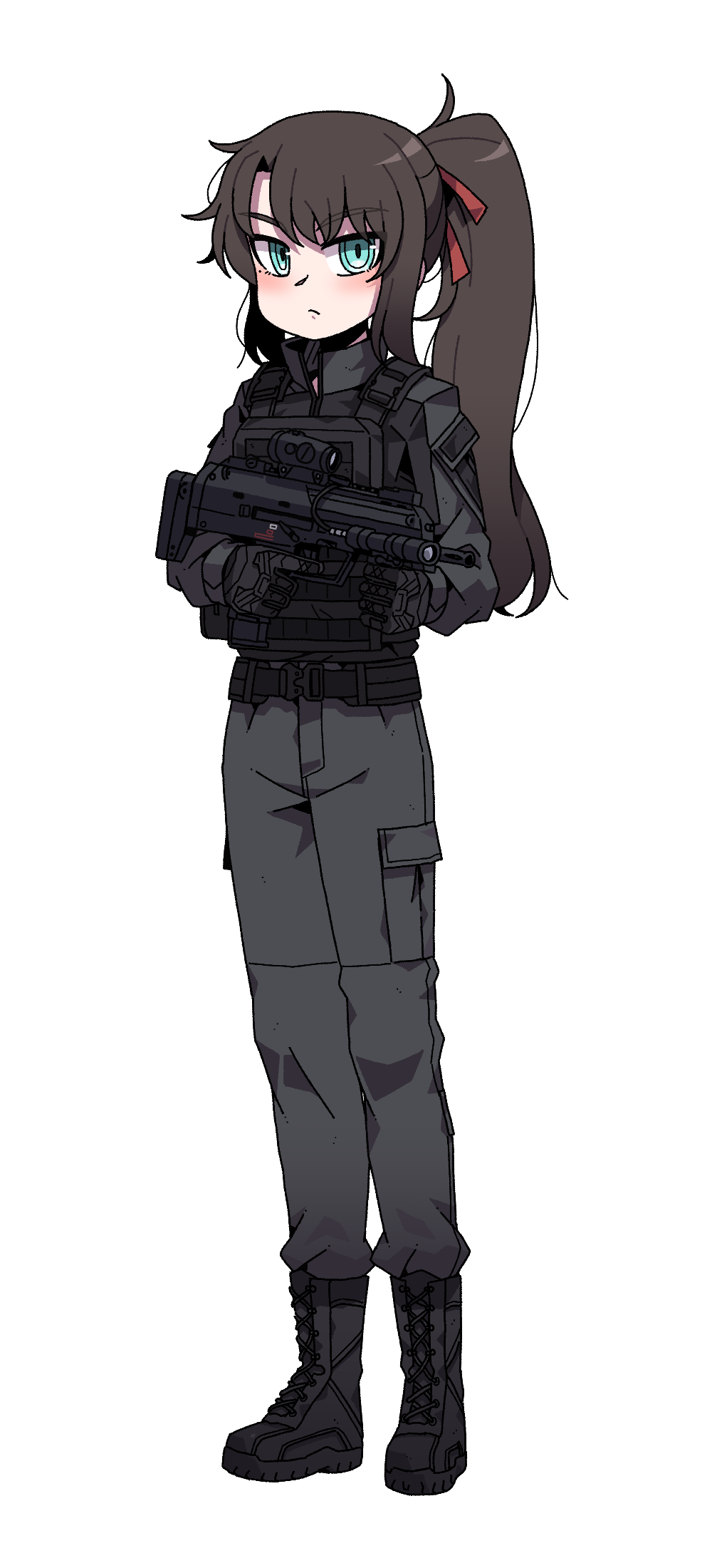 1boy belt black_footwear black_gloves blue_eyes blush boots brown_hair closed_mouth commander_(girls'_frontline) commission flashlight girls_frontline gloves grey_jacket grey_pants gun h&amp;k_mp7 hair_ribbon highres holding holding_weapon jacket karepack long_hair long_sleeves looking_at_viewer non-web_source optical_sight original pants plate_carrier ponytail red_ribbon ribbon simple_background solo submachine_gun tactical_clothes trigger_discipline weapon