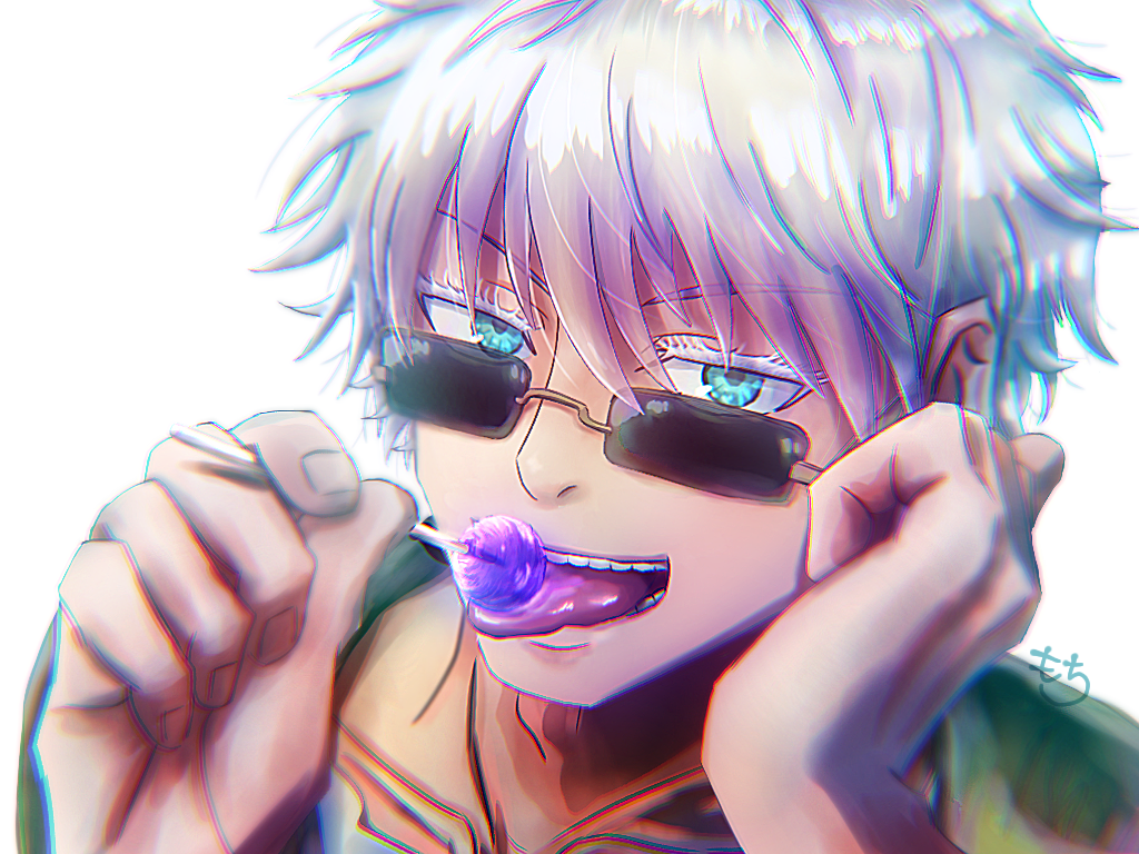 1boy blue_eyes blurry blurry_foreground candy eating food gojou_satoru holding holding_candy holding_food holding_lollipop jujutsu_kaisen kinakomochi_(mochikinako255) licking lollipop looking_at_viewer male_focus open_mouth short_hair solo sunglasses tongue tongue_out white_hair