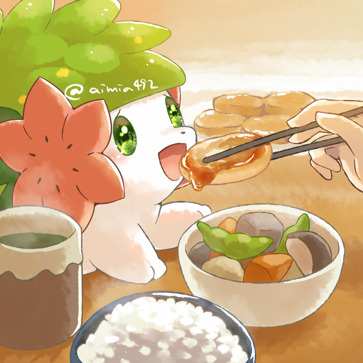 1other :d aimi_(aimia492) artist_name blush bowl chopsticks commentary_request cup feeding flower food food_request green_eyes green_tea holding holding_chopsticks open_mouth pea_pod pink_flower pokemon pokemon_(creature) rice rice_bowl shaymin shaymin_(land) smile solo_focus steam table tea twitter_username yunomi