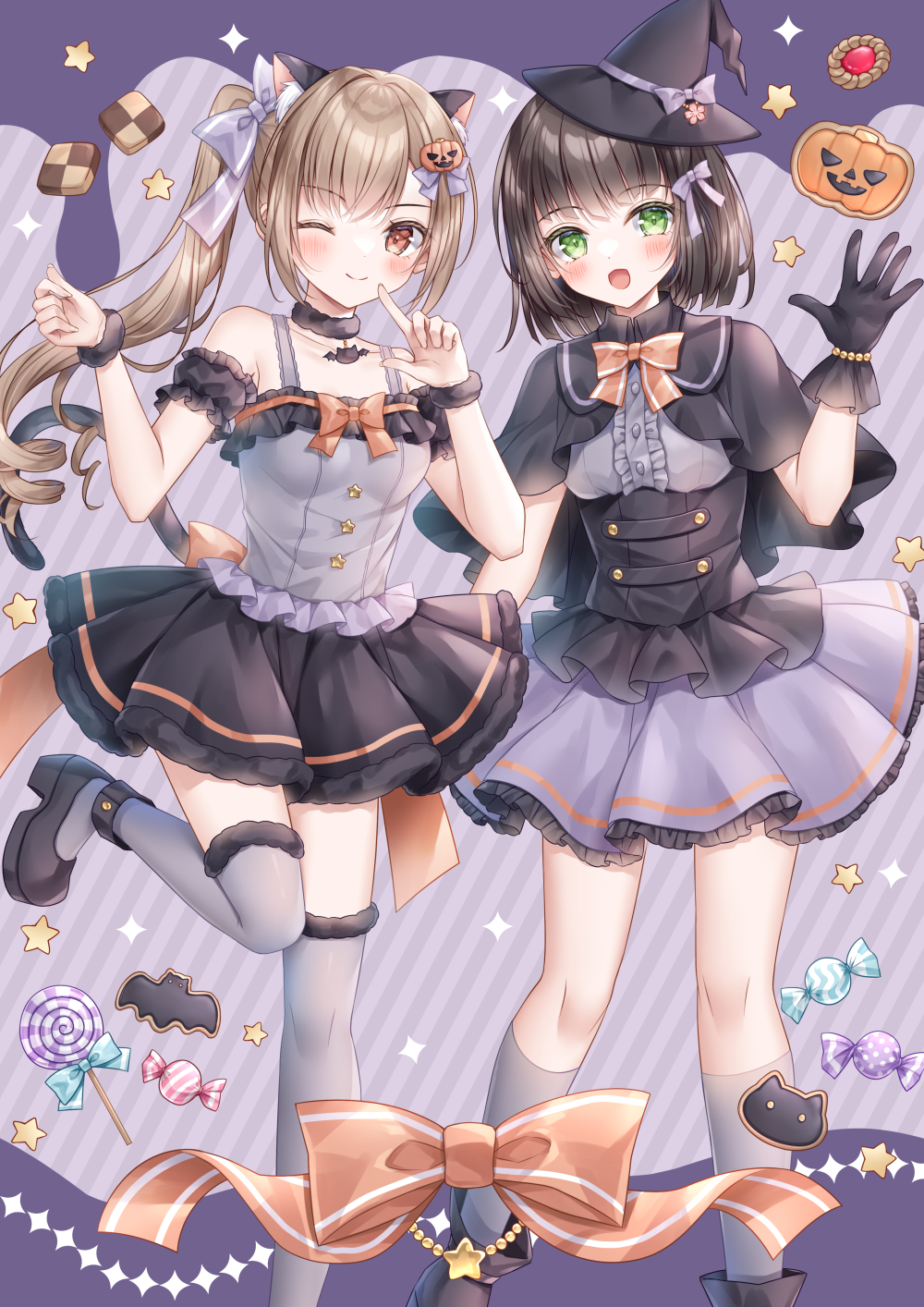 2girls :d ;) black_capelet black_footwear black_gloves black_hair black_headwear black_skirt blush boude_miu bow breasts brown_eyes brown_hair camisole candy_wrapper capelet center_frills closed_mouth commentary_request diagonal_stripes feet_out_of_frame frills fur-trimmed_thighhighs fur_trim gloves green_eyes grey_bow grey_camisole grey_shirt grey_skirt grey_socks grey_thighhighs hair_bow hair_ornament hand_up hat highres jack-o'-lantern jack-o'-lantern_hair_ornament kohinata_hoshimi long_hair looking_at_viewer midorikawa_sakura mini_hat mini_witch_hat multiple_girls one_eye_closed original pleated_skirt ringlets shirt shoes short_hair skirt small_breasts smile socks standing standing_on_one_leg star_(symbol) striped striped_background thigh-highs twintails very_long_hair witch_hat