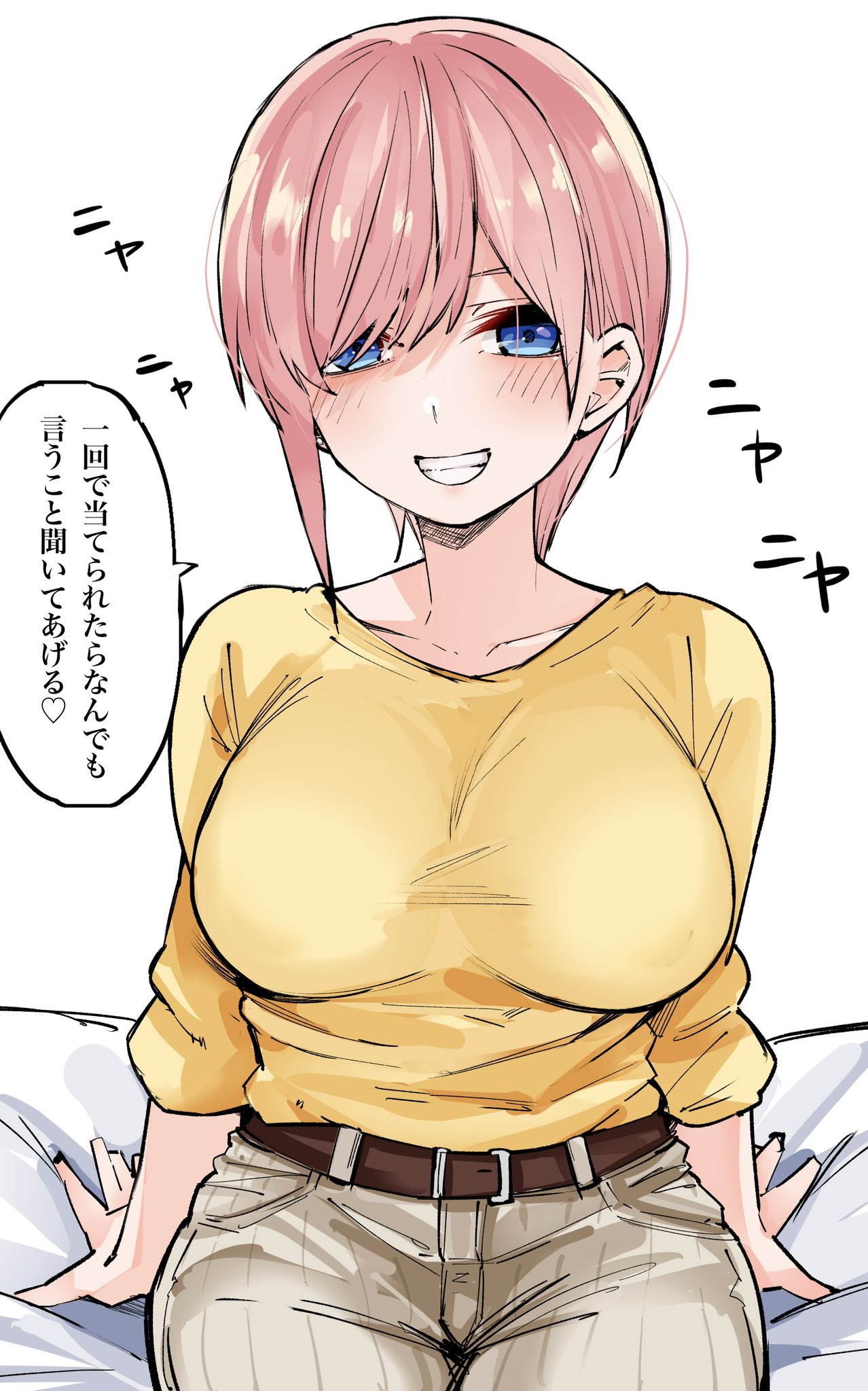 1girl :d arm_support arms_at_sides belt blue_eyes blush breasts brown_belt commentary eyebrows_hidden_by_hair go-toubun_no_hanayome grey_pants grin hair_between_eyes highres impossible_clothes large_breasts long_sleeves looking_at_viewer mame1645 nakano_ichika naughty_face pants pink_hair shirt short_hair simple_background sitting smile solo sound_effects speech_bubble straight-on straight_hair swept_bangs translated white_background yellow_shirt