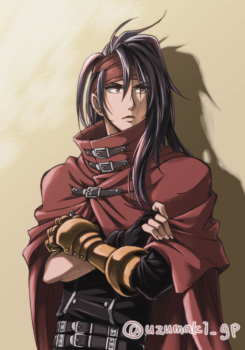 1boy belt black_gloves black_hair black_jacket cape cloak closed_mouth commentary_request crossed_arms final_fantasy final_fantasy_vii fingerless_gloves gauntlets gloves hair_between_eyes headband jacket long_hair looking_to_the_side male_focus multiple_belts red_cape red_cloak red_eyes red_headband single_gauntlet single_glove single_sidelock solo twitter_username upper_body uzumaki_(skydirt) vincent_valentine