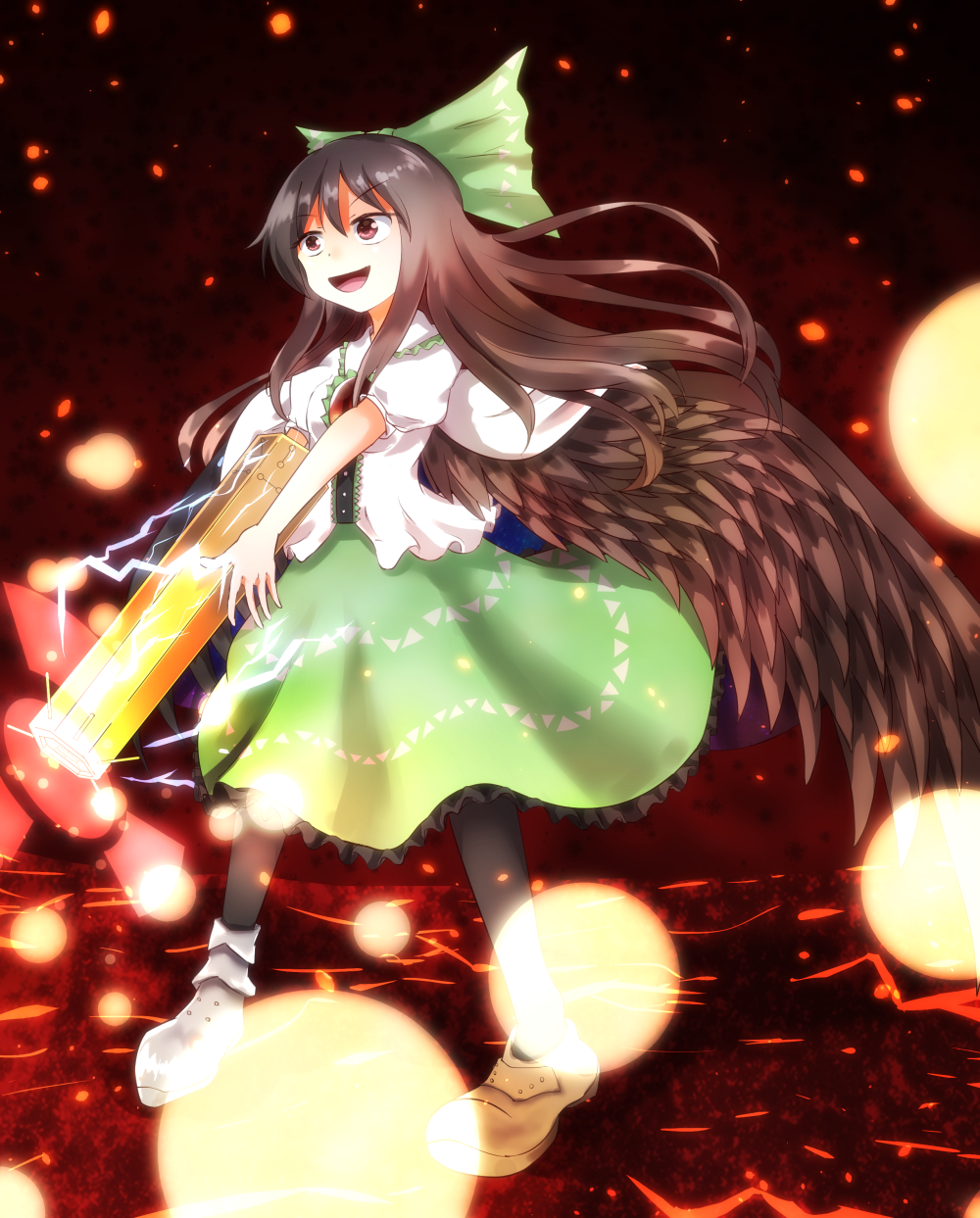 1girl arm_cannon asymmetrical_footwear bird_wings black_pantyhose bow brown_eyes brown_footwear brown_hair brown_wings cape chitose_hachi collared_shirt commentary_request control_rod electricity embers fire frilled_shirt_collar frilled_skirt frills full_body green_bow green_skirt hair_bow highres long_hair looking_afar medium_bangs mismatched_footwear open_mouth pantyhose puffy_short_sleeves puffy_sleeves radiation_symbol reiuji_utsuho shirt shoes short_sleeves single_shoe skirt smile solo standing third_eye touhou very_long_hair weapon white_cape white_shirt wings