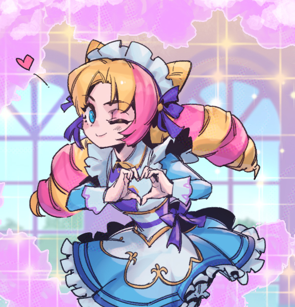 1girl ;) blonde_hair blush bow breasts cafe_cuties_(league_of_legends) cafe_cuties_gwen cone_hair_bun dress drill_hair gwen_(league_of_legends) hair_bow hair_bun heart heart_hands league_of_legends leaning_forward long_hair long_sleeves looking_at_viewer maid maid_headdress multicolored_background multicolored_hair one_eye_closed parted_bangs phantom_ix_row pink_hair smile solo standing twin_drills twintails two-tone_hair window