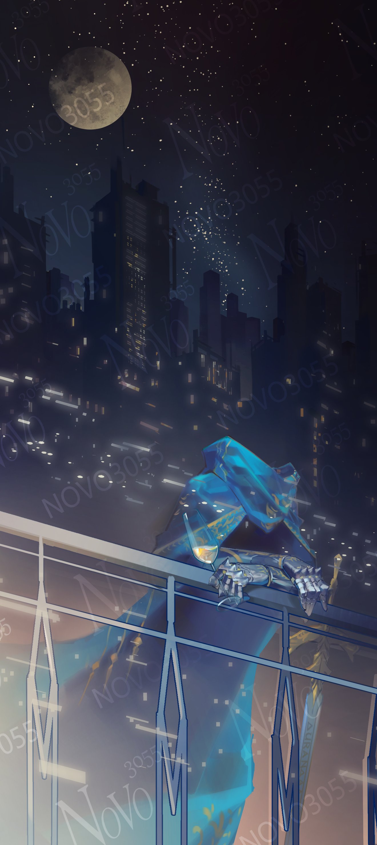 1boy a_knight absurdres artist_name blue_cape building cape city cityscape cup full_moon gauntlets gold_trim highres holding holding_cup invisible male_focus moon night night_sky novo3055 on_railing outdoors railing reverse:1999 sky skyscraper solo star_(sky) starry_sky sword watermark weapon