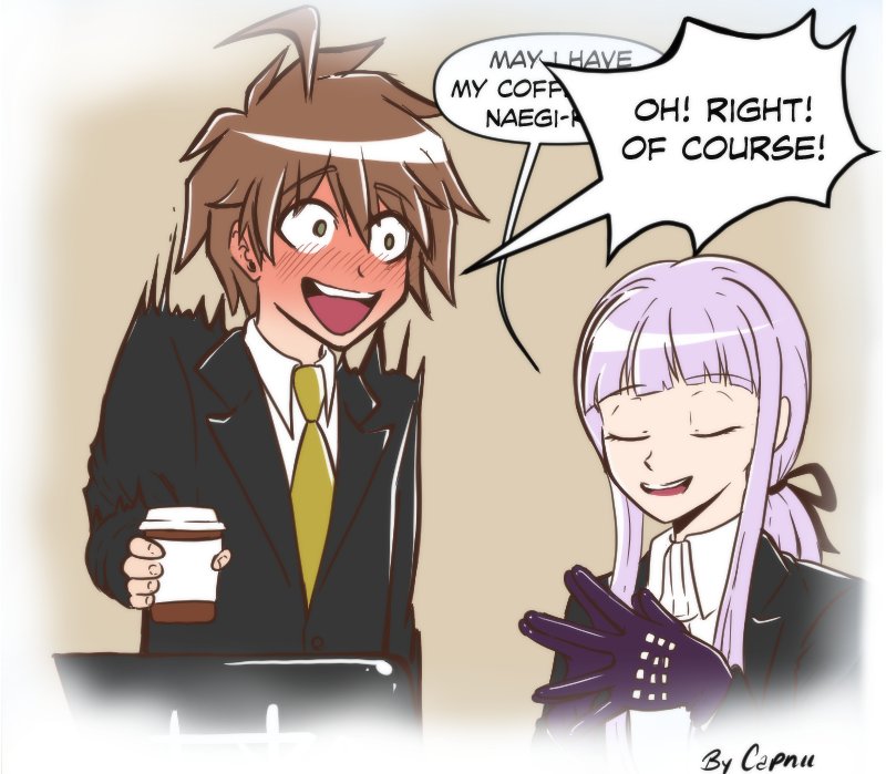1boy 1girl ahoge black_jacket black_ribbon blush brown_hair closed_eyes collared_shirt computer cup danganronpa_(series) danganronpa_3_(anime) disposable_cup english_commentary gloves green_necktie hair_ribbon hand_up holding holding_cup jacket kirigiri_kyoko laptop long_hair long_sleeves looking_at_another necktie official_alternate_costume open_clothes open_jacket pink_hair ponytail purple_gloves ribbon rubixkun_(capnii) shirt smile speech_bubble white_shirt