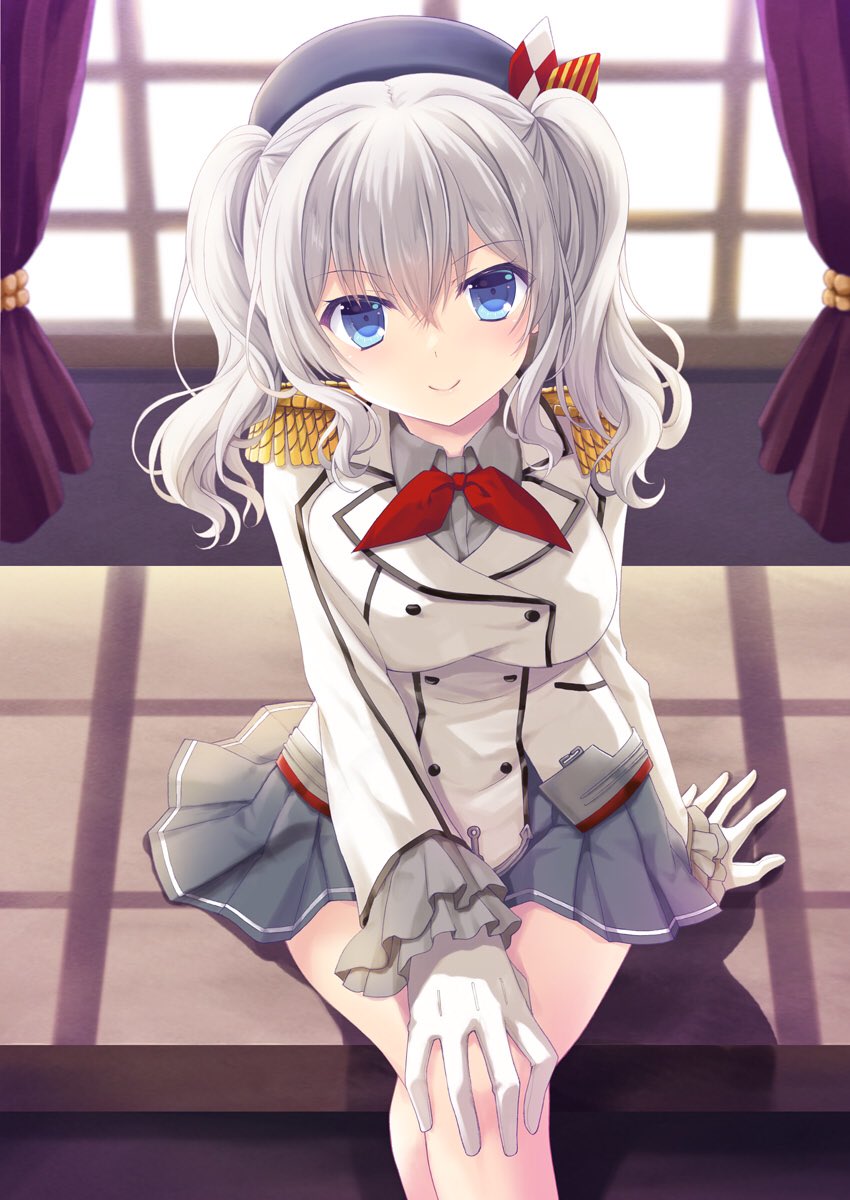 1girl arm_at_side backlighting black_headwear blue_eyes blush breasts closed_mouth commentary_request crossed_bangs desk feet_out_of_frame from_above gloves grey_hair grey_skirt hair_between_eyes hand_on_own_knee highres indoors jacket kantai_collection kashima_(kancolle) kokonobi large_breasts long_hair long_sleeves looking_at_viewer miniskirt neckerchief on_desk pleated_skirt red_neckerchief sitting sitting_on_desk skirt smile solo straight-on twintails wavy_hair white_gloves white_jacket window