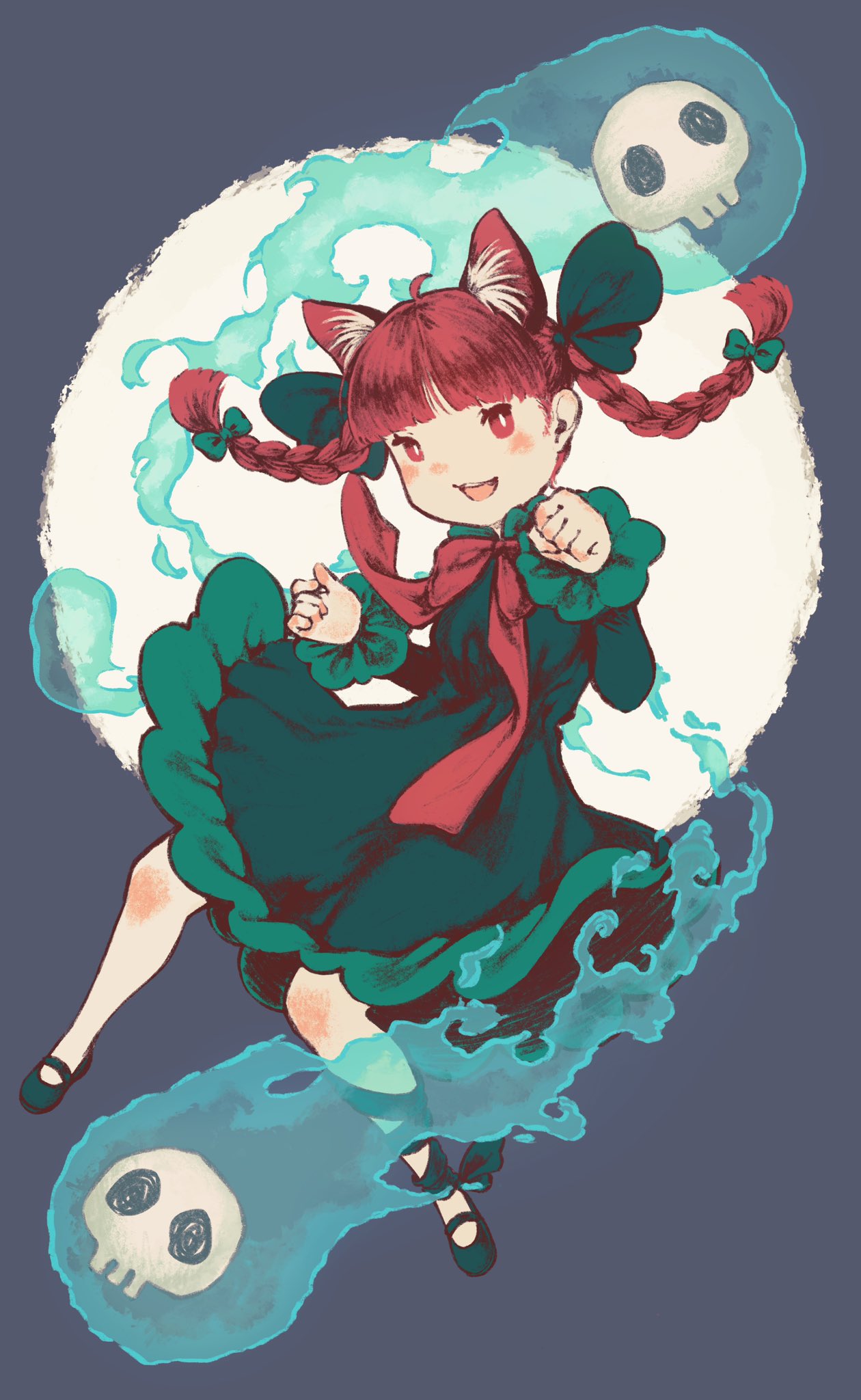 1girl :d ahoge animal_ear_fluff animal_ears black_footwear black_ribbon cat_ears cat_girl clenched_hands commentary danedanedayo dress extra_ears full_body green_dress grey_background highres hitodama kaenbyou_rin leg_ribbon long_sleeves looking_at_viewer open_mouth red_eyes redhead ribbon skull smile solo touhou